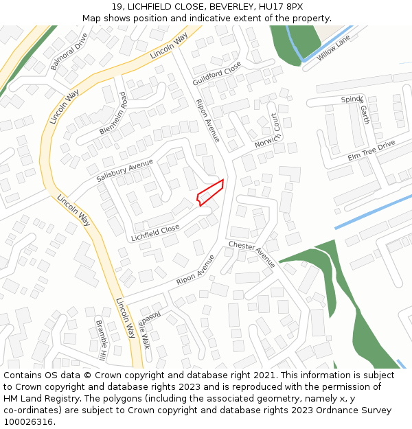 19, LICHFIELD CLOSE, BEVERLEY, HU17 8PX: Location map and indicative extent of plot