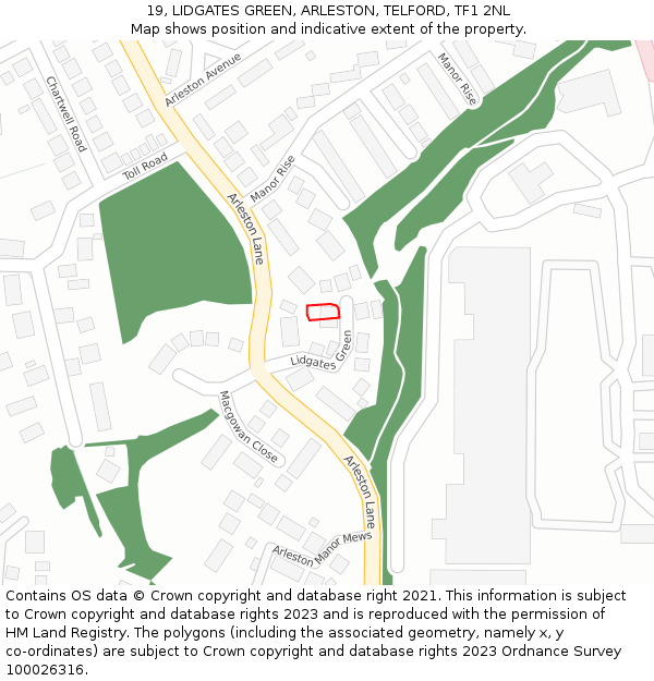 19, LIDGATES GREEN, ARLESTON, TELFORD, TF1 2NL: Location map and indicative extent of plot