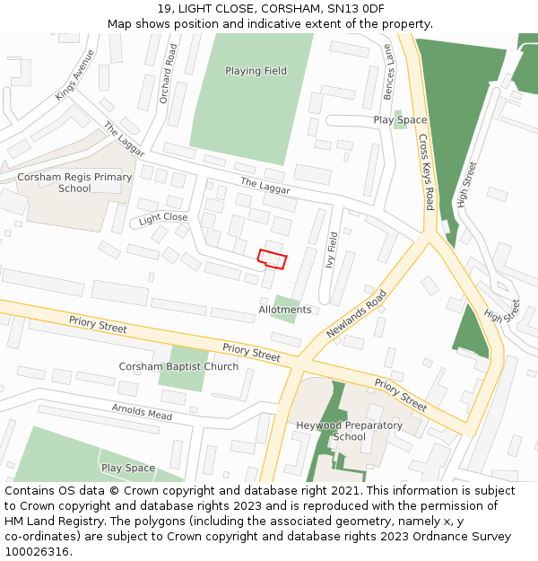 19, LIGHT CLOSE, CORSHAM, SN13 0DF: Location map and indicative extent of plot