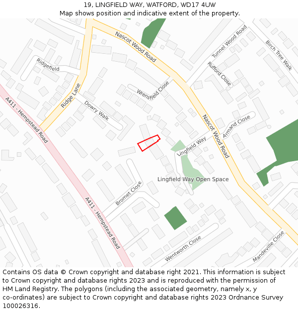 19, LINGFIELD WAY, WATFORD, WD17 4UW: Location map and indicative extent of plot