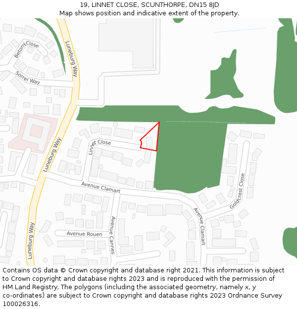 19, LINNET CLOSE, SCUNTHORPE, DN15 8JD: Location map and indicative extent of plot