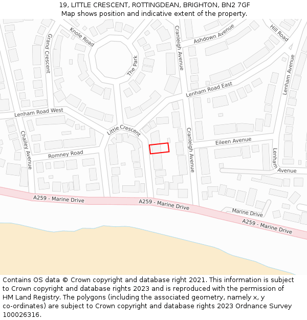 19, LITTLE CRESCENT, ROTTINGDEAN, BRIGHTON, BN2 7GF: Location map and indicative extent of plot