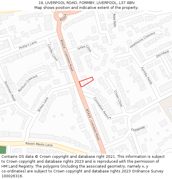 19, LIVERPOOL ROAD, FORMBY, LIVERPOOL, L37 4BN: Location map and indicative extent of plot