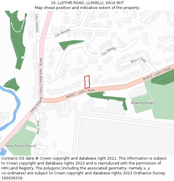 19, LLETHRI ROAD, LLANELLI, SA14 8HT: Location map and indicative extent of plot