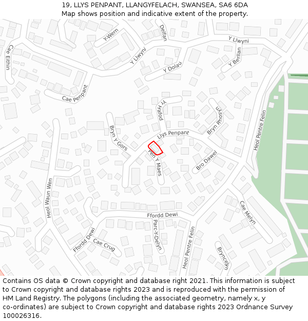 19, LLYS PENPANT, LLANGYFELACH, SWANSEA, SA6 6DA: Location map and indicative extent of plot