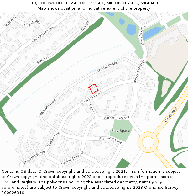 19, LOCKWOOD CHASE, OXLEY PARK, MILTON KEYNES, MK4 4ER: Location map and indicative extent of plot