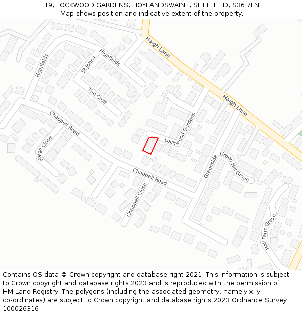 19, LOCKWOOD GARDENS, HOYLANDSWAINE, SHEFFIELD, S36 7LN: Location map and indicative extent of plot