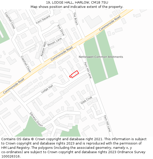 19, LODGE HALL, HARLOW, CM18 7SU: Location map and indicative extent of plot