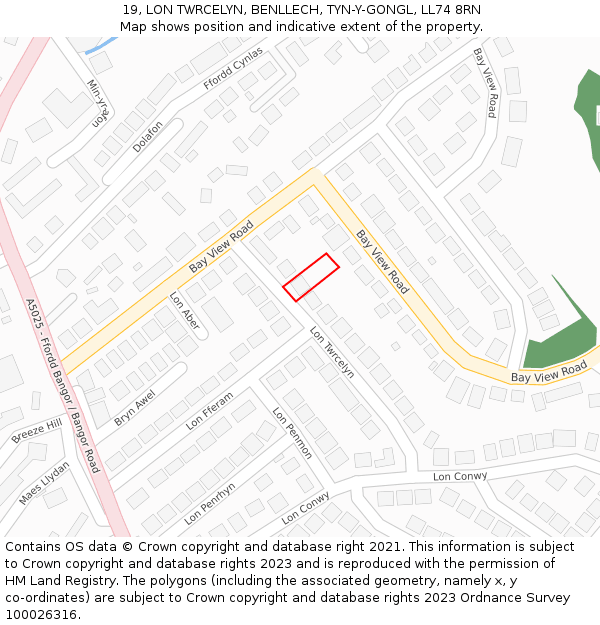 19, LON TWRCELYN, BENLLECH, TYN-Y-GONGL, LL74 8RN: Location map and indicative extent of plot