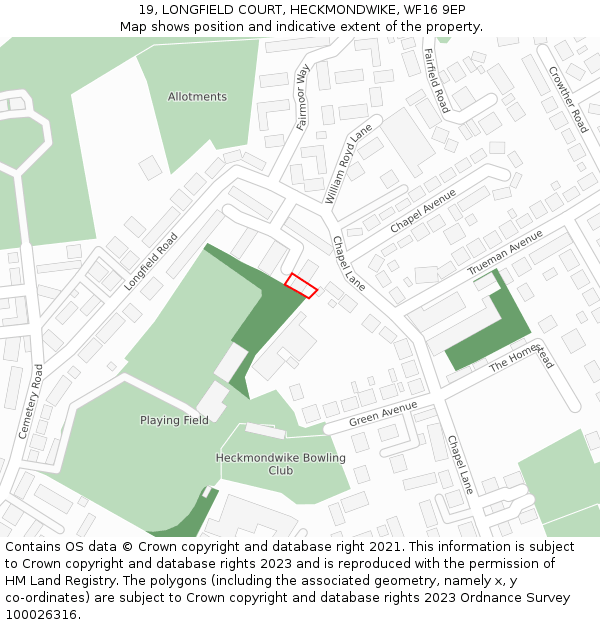 19, LONGFIELD COURT, HECKMONDWIKE, WF16 9EP: Location map and indicative extent of plot