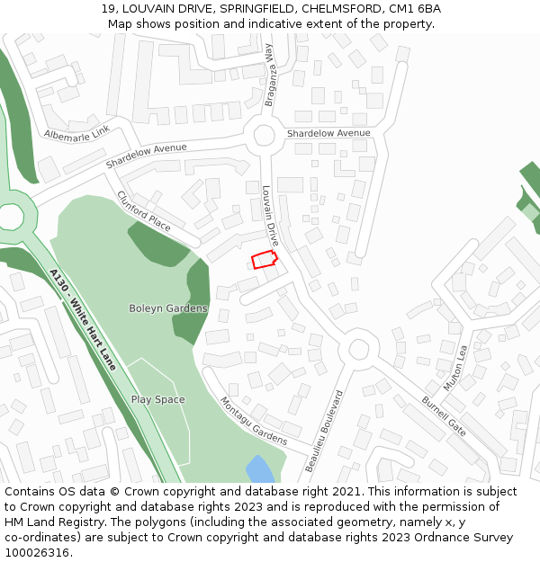 19, LOUVAIN DRIVE, SPRINGFIELD, CHELMSFORD, CM1 6BA: Location map and indicative extent of plot