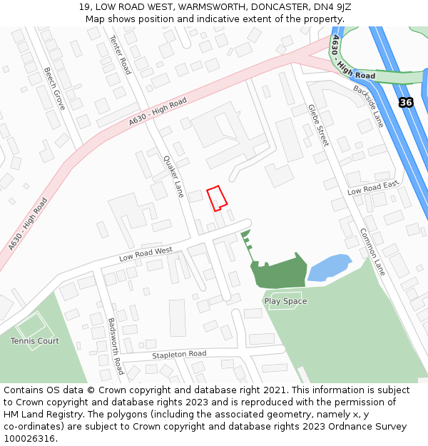 19, LOW ROAD WEST, WARMSWORTH, DONCASTER, DN4 9JZ: Location map and indicative extent of plot