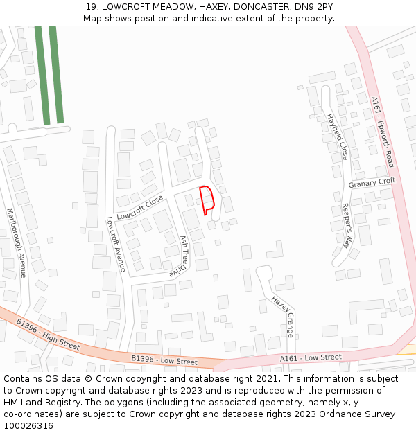 19, LOWCROFT MEADOW, HAXEY, DONCASTER, DN9 2PY: Location map and indicative extent of plot