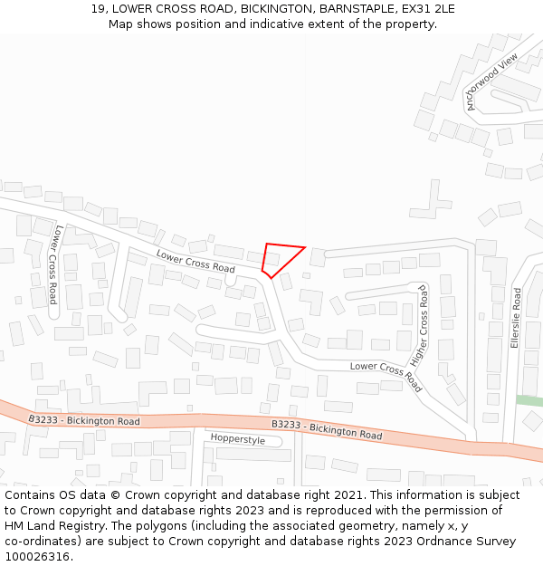19, LOWER CROSS ROAD, BICKINGTON, BARNSTAPLE, EX31 2LE: Location map and indicative extent of plot