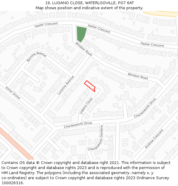 19, LUGANO CLOSE, WATERLOOVILLE, PO7 6AT: Location map and indicative extent of plot