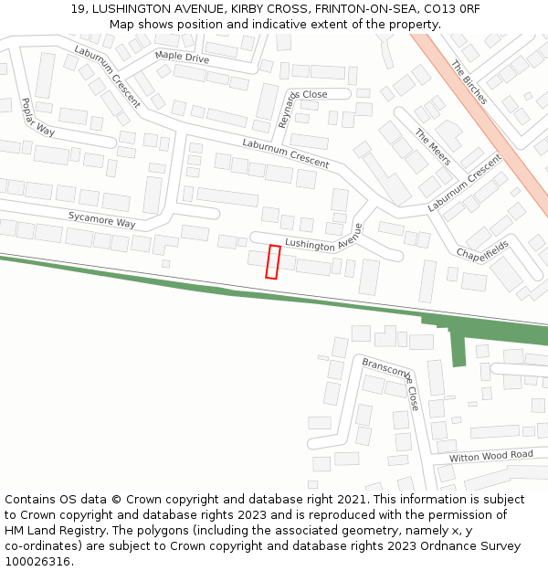 19, LUSHINGTON AVENUE, KIRBY CROSS, FRINTON-ON-SEA, CO13 0RF: Location map and indicative extent of plot