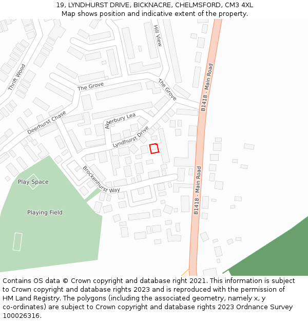 19, LYNDHURST DRIVE, BICKNACRE, CHELMSFORD, CM3 4XL: Location map and indicative extent of plot