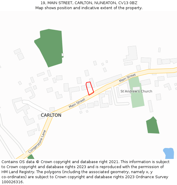 19, MAIN STREET, CARLTON, NUNEATON, CV13 0BZ: Location map and indicative extent of plot