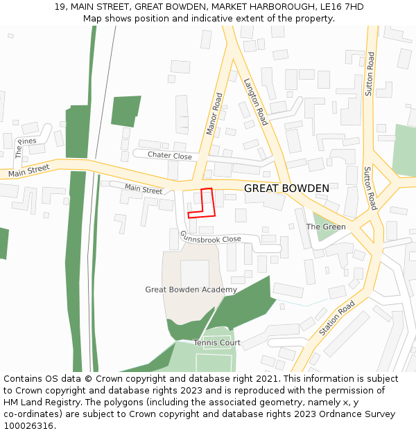 19, MAIN STREET, GREAT BOWDEN, MARKET HARBOROUGH, LE16 7HD: Location map and indicative extent of plot