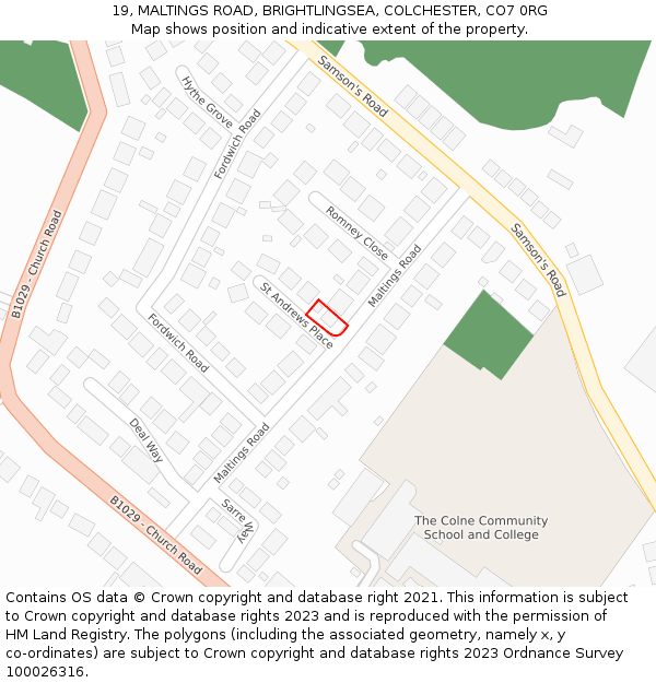 19, MALTINGS ROAD, BRIGHTLINGSEA, COLCHESTER, CO7 0RG: Location map and indicative extent of plot