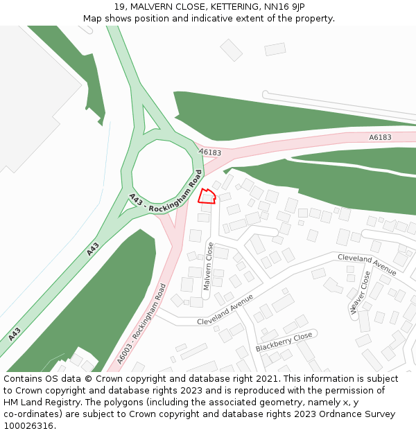 19, MALVERN CLOSE, KETTERING, NN16 9JP: Location map and indicative extent of plot