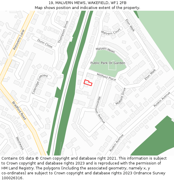 19, MALVERN MEWS, WAKEFIELD, WF1 2FB: Location map and indicative extent of plot