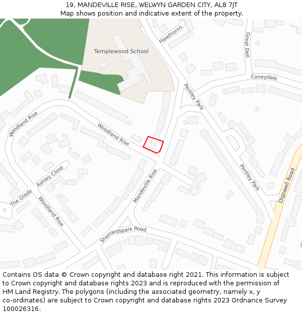 19, MANDEVILLE RISE, WELWYN GARDEN CITY, AL8 7JT: Location map and indicative extent of plot