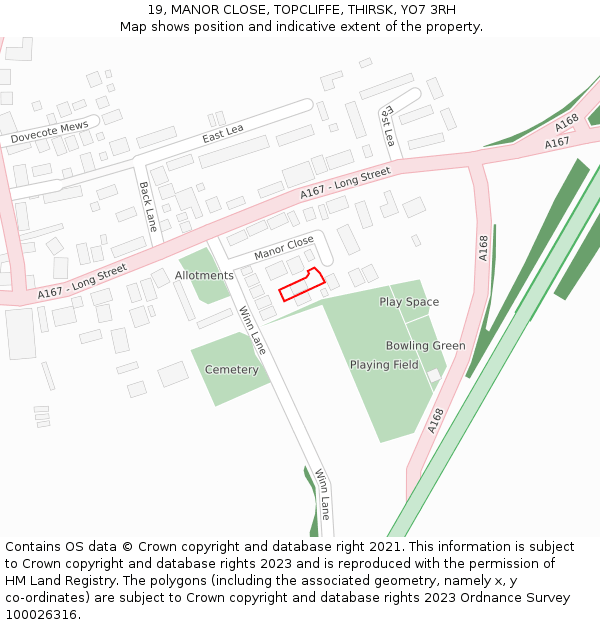 19, MANOR CLOSE, TOPCLIFFE, THIRSK, YO7 3RH: Location map and indicative extent of plot