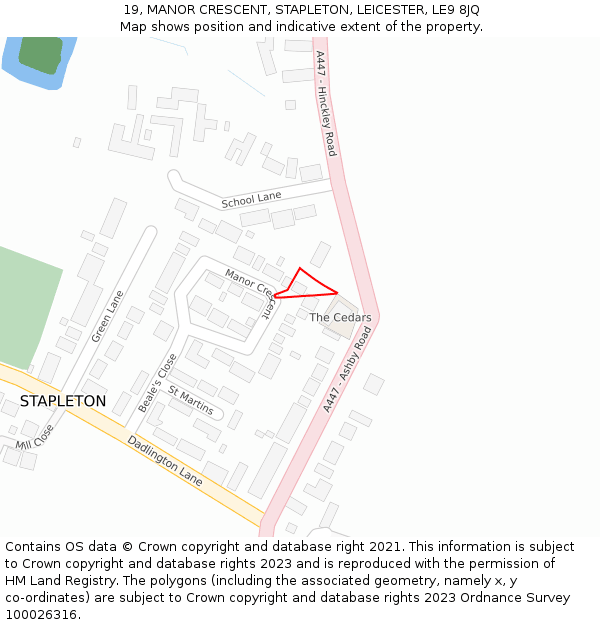 19, MANOR CRESCENT, STAPLETON, LEICESTER, LE9 8JQ: Location map and indicative extent of plot