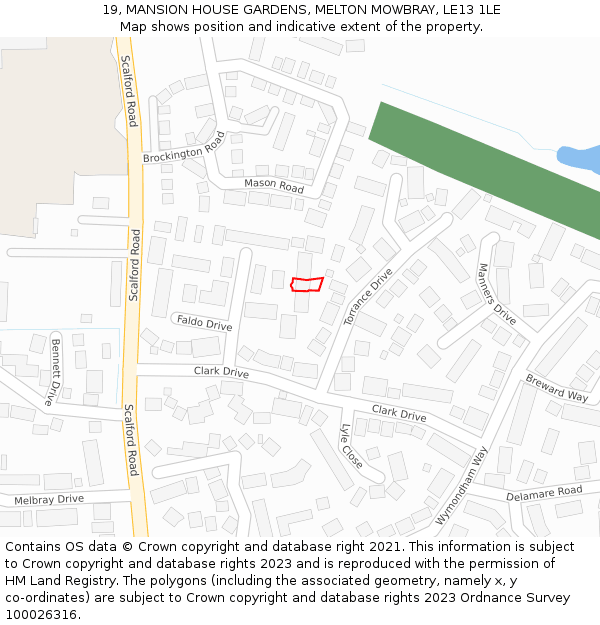 19, MANSION HOUSE GARDENS, MELTON MOWBRAY, LE13 1LE: Location map and indicative extent of plot