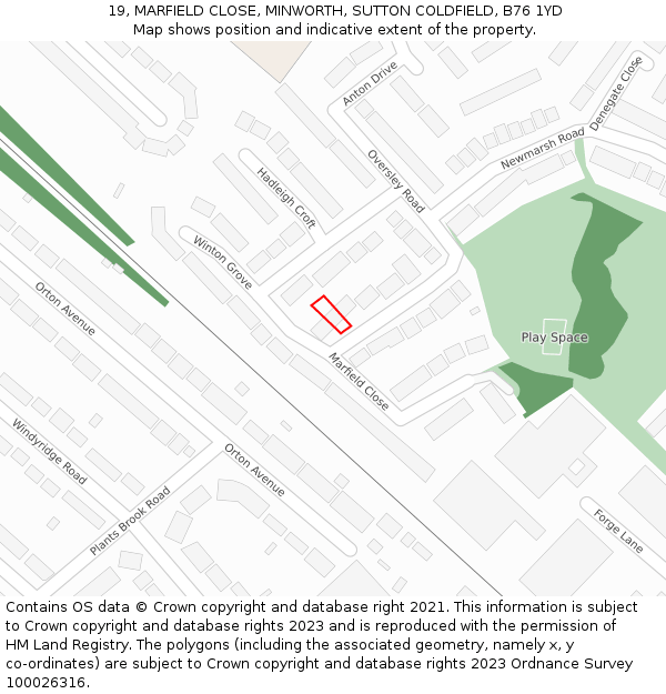 19, MARFIELD CLOSE, MINWORTH, SUTTON COLDFIELD, B76 1YD: Location map and indicative extent of plot