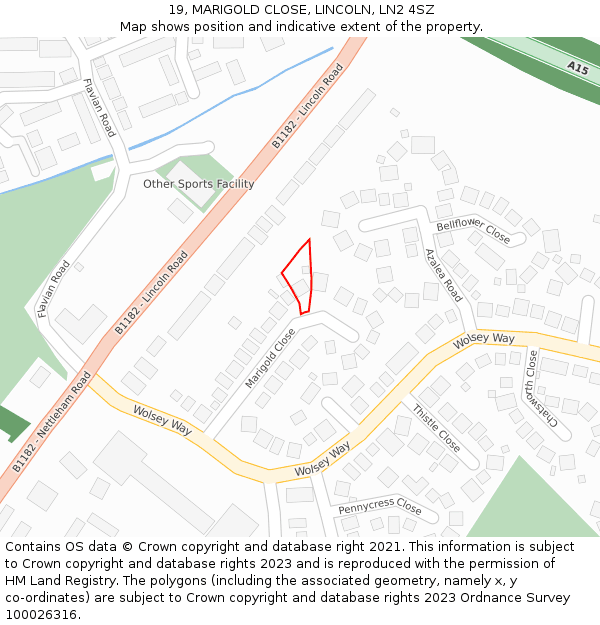 19, MARIGOLD CLOSE, LINCOLN, LN2 4SZ: Location map and indicative extent of plot