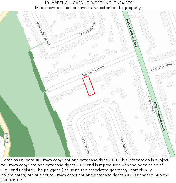 19, MARSHALL AVENUE, WORTHING, BN14 0ES: Location map and indicative extent of plot