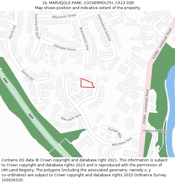 19, MARVEJOLS PARK, COCKERMOUTH, CA13 0QR: Location map and indicative extent of plot