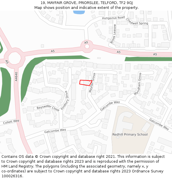 19, MAYFAIR GROVE, PRIORSLEE, TELFORD, TF2 9GJ: Location map and indicative extent of plot