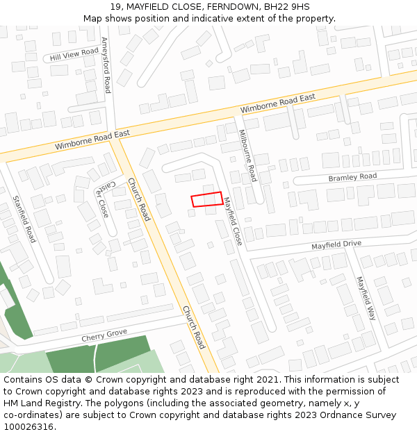 19, MAYFIELD CLOSE, FERNDOWN, BH22 9HS: Location map and indicative extent of plot