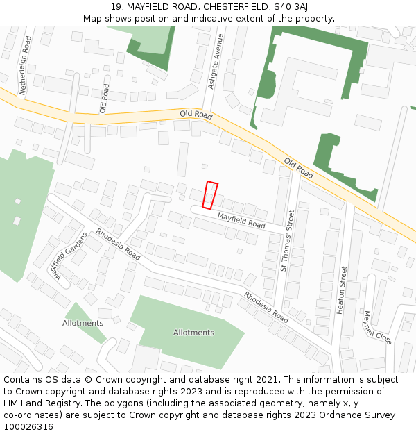 19, MAYFIELD ROAD, CHESTERFIELD, S40 3AJ: Location map and indicative extent of plot