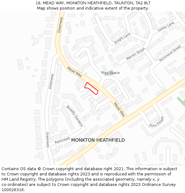 19, MEAD WAY, MONKTON HEATHFIELD, TAUNTON, TA2 8LT: Location map and indicative extent of plot