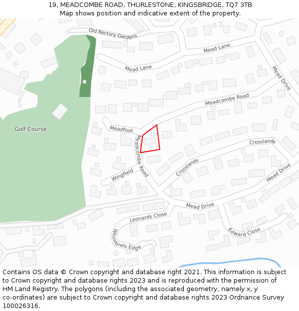 19, MEADCOMBE ROAD, THURLESTONE, KINGSBRIDGE, TQ7 3TB: Location map and indicative extent of plot