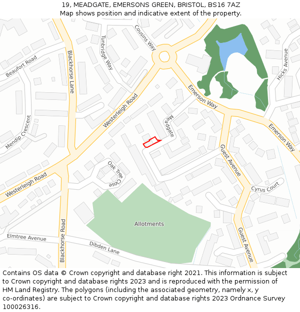 19, MEADGATE, EMERSONS GREEN, BRISTOL, BS16 7AZ: Location map and indicative extent of plot