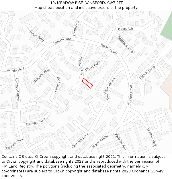 19, MEADOW RISE, WINSFORD, CW7 2TT: Location map and indicative extent of plot