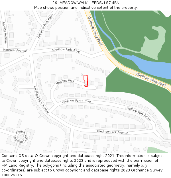 19, MEADOW WALK, LEEDS, LS7 4RN: Location map and indicative extent of plot