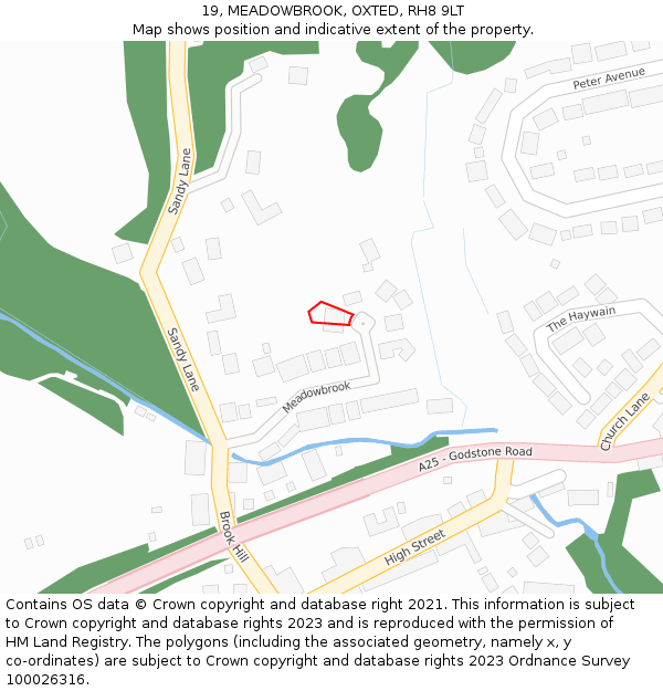 19, MEADOWBROOK, OXTED, RH8 9LT: Location map and indicative extent of plot