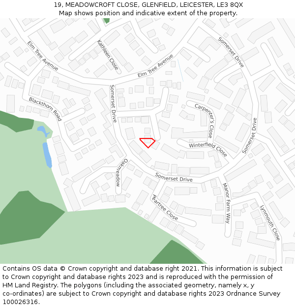 19, MEADOWCROFT CLOSE, GLENFIELD, LEICESTER, LE3 8QX: Location map and indicative extent of plot