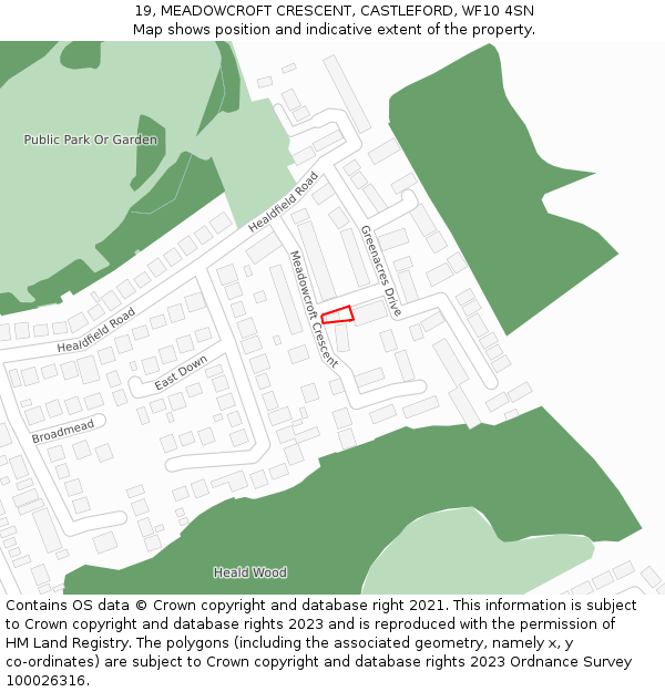 19, MEADOWCROFT CRESCENT, CASTLEFORD, WF10 4SN: Location map and indicative extent of plot