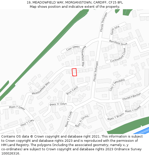 19, MEADOWFIELD WAY, MORGANSTOWN, CARDIFF, CF15 8FL: Location map and indicative extent of plot