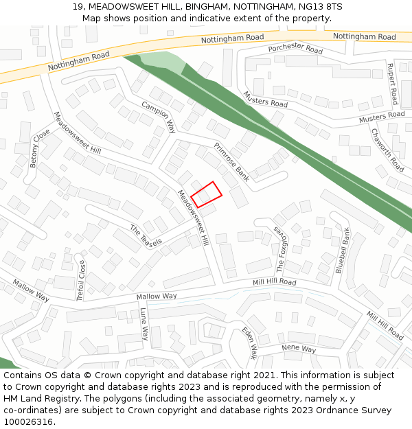 19, MEADOWSWEET HILL, BINGHAM, NOTTINGHAM, NG13 8TS: Location map and indicative extent of plot