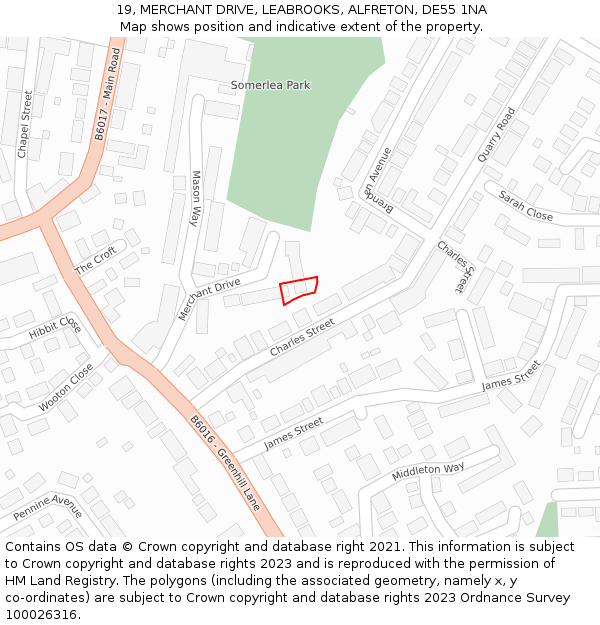 19, MERCHANT DRIVE, LEABROOKS, ALFRETON, DE55 1NA: Location map and indicative extent of plot