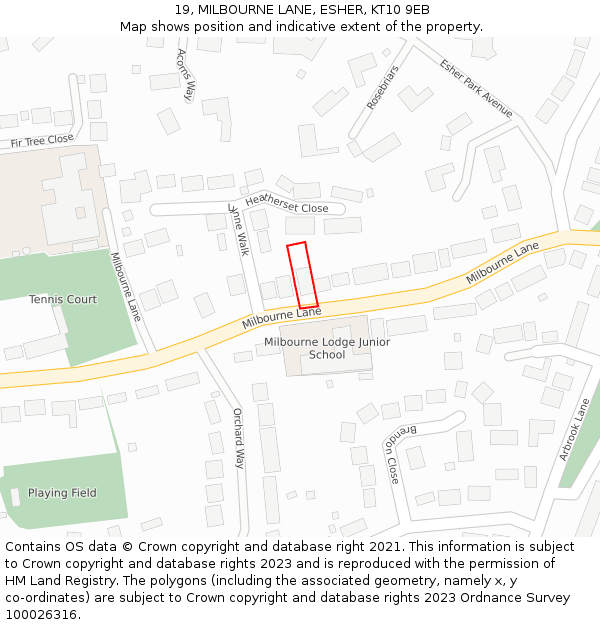 19, MILBOURNE LANE, ESHER, KT10 9EB: Location map and indicative extent of plot