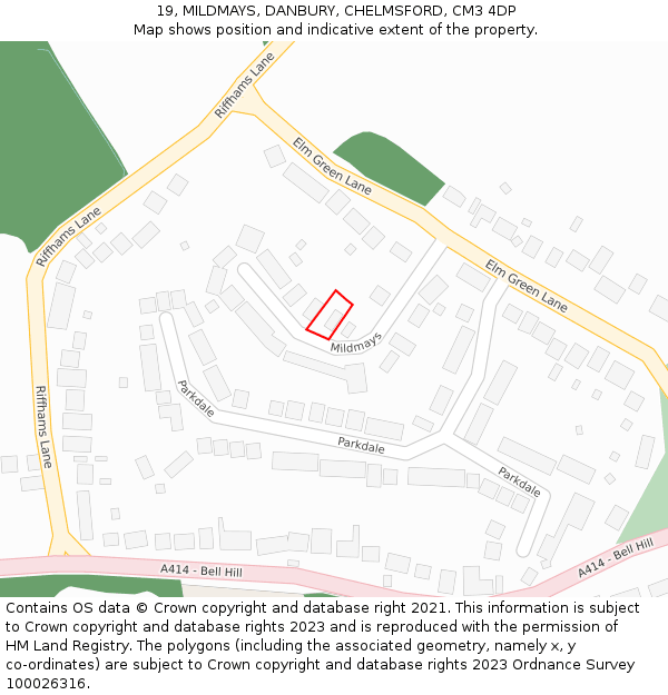 19, MILDMAYS, DANBURY, CHELMSFORD, CM3 4DP: Location map and indicative extent of plot